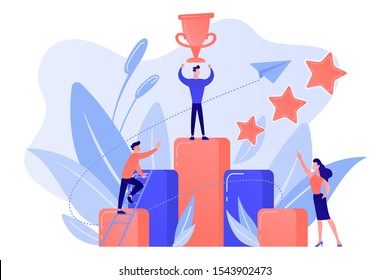 Businessman holds a cup on top of column graph. Key to success and success story, business chance, on the way to success concept on white background. Pink coral blue vector isolated illustration