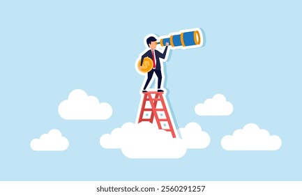 A businessman holds a dollar coin and peers ahead while climbing a ladder above the clouds, illustration of observing and analyzing strategies to increase business profit and revenue