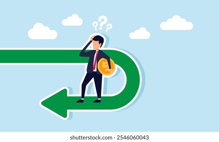 A businessman holds a dollar coin standing on a U-turn, looking confused, illustration of business profit performance and revenue suddenly dropping