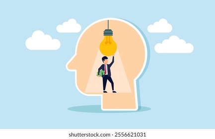 A businessman holds a dollar sign inside a head shape while fixing a lamp, illustration of maintaining ideas and innovation to continuously bring value to business profits