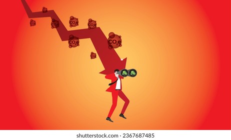 A businessman holds a down graph of CO2e and uses binoculars to find a tree. Net zero carbon footprint emission, Sustainability, Red hot global heating, Climate emergency, crisis, and environmental.