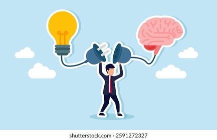 A businessman holds an electrical plug, with one side connected to a light and the other to a brain, illustration of efforts to find business ideas and innovations
