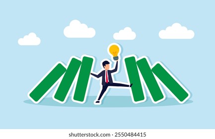 A businessman holds up falling blocks while saving a lamp, illustration of rescuing business ideas and innovations from business challenges