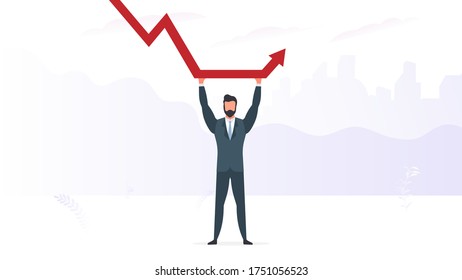 El hombre de negocios tiene una gráfica que cae. El concepto de salvar una empresa de la cesación de pagos, la inflación y la caída de las acciones. Vector.