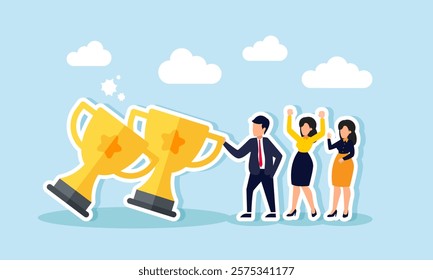 A businessman holds falling trophies while other entrepreneurs celebrate, illustration of the ability to maintain the title as the best company