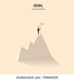 Businessman holds a flag on top of the mountain. Business concept of goals, success, achievement and challenge. Vector illustration.