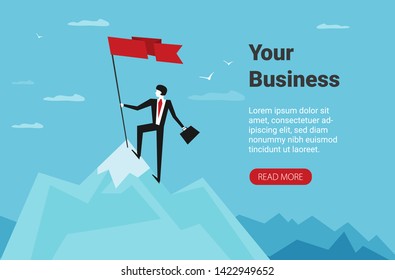 Businessman holds flag stand on top of mountain celebrating success. Vector illustration flat