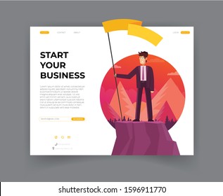 Businessman holds flag stand on top of mountain celebrating success. Vector illustration flat