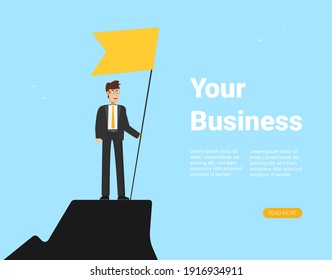 Businessman holds flag stand on top of mountain celebrating success. Vector illustration flat