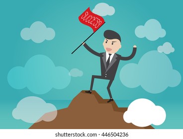 Businessman holds a flag of success  on the Mountain peak