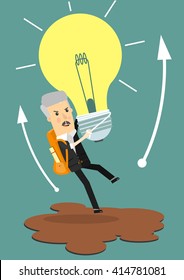 Businessman holds flying light bulb to get away from quicksand.Business concept cartoon vector illustration.