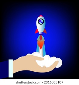 Businessman holds a flying rocket in hand. Start up Vector illustration. Start up concept.