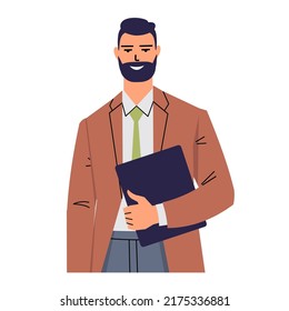 Un hombre de negocios tiene en sus manos una carpeta o una tableta de computadora. Un hombre barbudo con traje y corbata sonríe. Ilustración vectorial aislada en fondo blanco. Estilo plano.