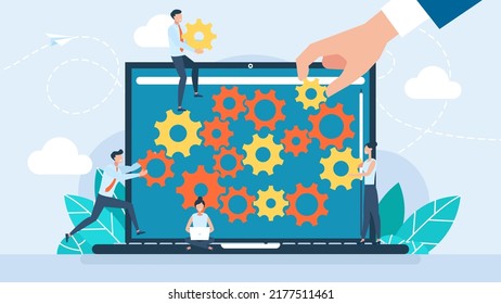 A businessman holds gear in his hand. Tiny people make up a well-coordinated mechanism of business. Teamwork. Various gears. The concept of departmental cooperation. Flat design. Vector illustration.