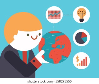 A businessman holds a globe in his hand and a bunch of icons come out of it