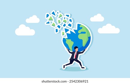 A businessman holds a globe with pieces scattering, illustration of saving the Earth from business practices damaging the planet and nature