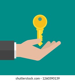 businessman holds gold key. hand with key on turquoise background. Vector flat illustration. Idea, secret, password sign. Home, house, flat, estate symbol. 