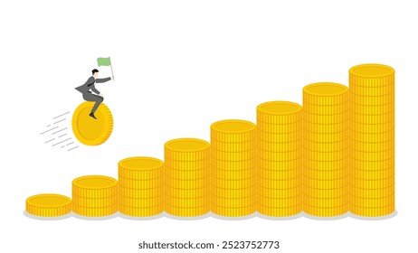 A businessman holds a green flag and riding on a coin forward to money stacks bar chart up, business progress, financial success, and target goal in a growing economy with investment and leadership.