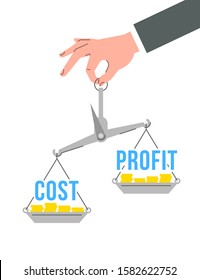 Businessman holds in a hand balance scales with words cost and profit. Financial assessment concept. Flat vector illustration. Evaluation of investment risks. Comparison of expenses and incomes