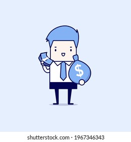 Businessman holds in hand money. Cartoon character thin line style vector.