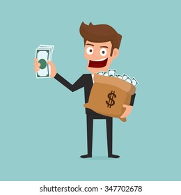 Businessman holds in hand money. Cartoon Vector Illustration.