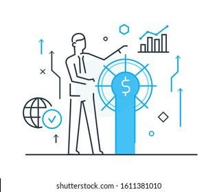 businessman holds the helm. Workflow, growth, graphics. Business development, milestones, start-up. linear illustration Icons infographics. Landing page site print poster. Eps vector. Line story