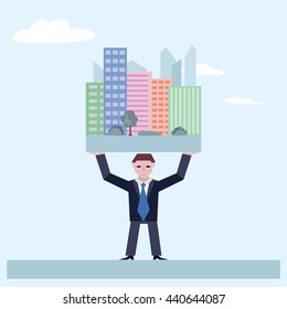 Businessman holds houses. Business concept the real estate market. Vector illustration of businessman with houses isolated on white background.