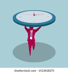 Businessman holds up a huge clock. Isolated on blue background.