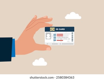 Businessman holds ID card. Isometric Personal business card. Flat vector illustration.