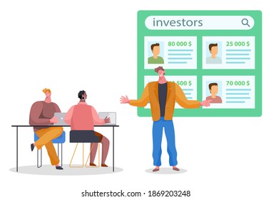 Businessman holds investments presentation for team, office workers sit at table with laptops and listen to speaker. Information about investorson screen. Financial consulting, investment and savings