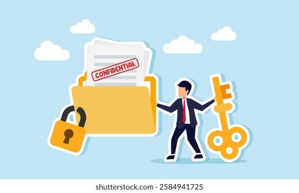 Businessman holds a key and stands next to a locked folder containing documents labeled CONFIDENTIAL, illustration of business company document confidentiality