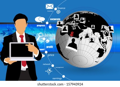 Businessman holds laptop