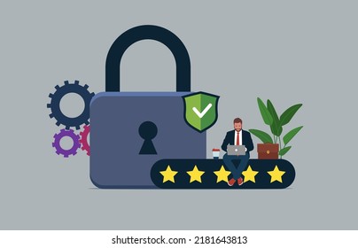 Businessman holds laptop. Premium internet security technology. Reset your password, landing page. Account data protection, information storage. Big padlock, shield and five stars protection. 
