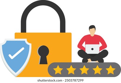 Businessman holds laptop. Premium internet security technology. Reset your password, landing page. Account data protection, information storage. Big padlock, shield and five stars protection.

