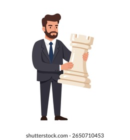 Um homem de negócios detém uma grande torre de xadrez, simbolizando estratégia e tomada de decisões.