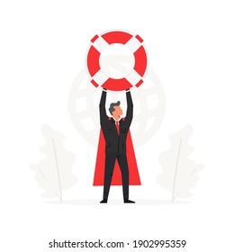 A businessman holds a large lifebuoy above his head. Insurance companies illustration.