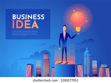 Businessman holds up a light bulb on top of the building. Leadership and Idea Concept