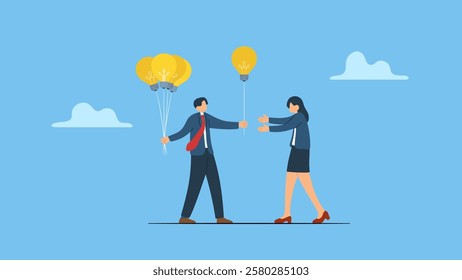 Businessman holds lightbulb idea balloons, give to other symbolizes innovation, creativity, solution, smart thinking, inspiration, imagination or wisdom to develop business plan, advice or invention.