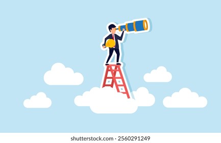 A businessman holds a lit lamp and peers ahead while climbing a ladder above the clouds, illustration of observing and analyzing trends in emerging business ideas and innovations