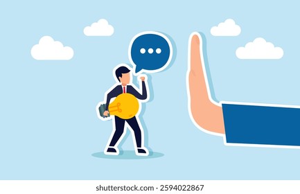 Businessman holds a lit lamp while talking to a hand as if stopping something, illustration of a protest against business decisions and offering business idea suggestions