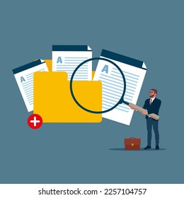 Businessman  holds magnifying glass and add files to big folder. Storage and indexing of information. User and data archive. Database, searching info.  Modern vector illustration in flat style.