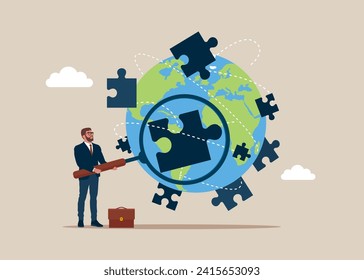 Businessman holds a magnifying glass for global puzzle Exchang. Business deal. Flat vector illustration.