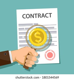 Businessman holds a magnifying glass in his hand and studies the contract. Magnifier with dollar currency sign. Vector illustration