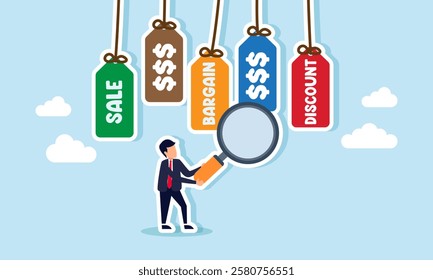 Businessman holds a magnifying glass inspecting Sale, Discount, Bargain labels, and hanging dollar signs, illustration of analyzing to select and choose a business vendor partner