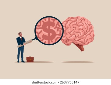 Businessman holds magnifying glass and looking at the sign dollar on cerebrum. Check out the smartest. Flat vector illustration