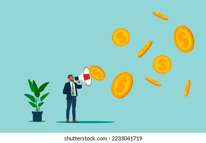 Businessman holds  megaphone speaker or loudspeaker bullhorn for announce promotion, megaphone voice with money coin. voice for money. Flat modern vector illustration