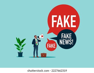 Businessman holds megaphone spreading fake news in social media. News with disinformation, lies and propaganda. Flat modern vector illustration