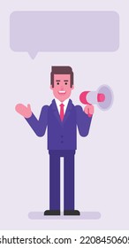 Businessman Holds Megaphone And Waves His Hand. Flat People. Vector Illustration