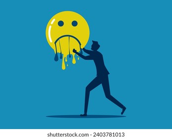 Businessman holds a melting sad face icon. vector