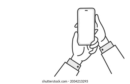 Businessman holds mobile phone in hands. Hand drawn vector illustration. Black and white.